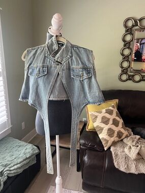 Zcrave  Light Blue Cropped Distressed Denim Vest with Long Front Panels that tie